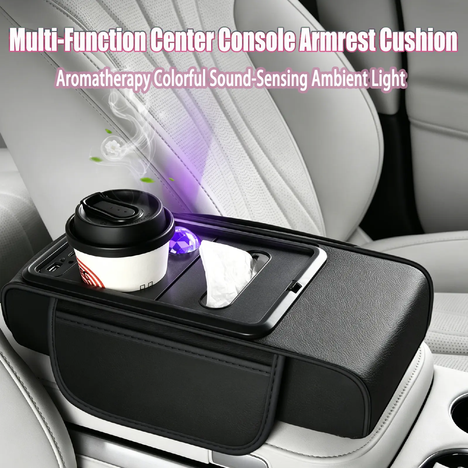 8-in-1 Car Armrest Cushion - Memory Foam Console, RGB Light & USB Charging, Cup Holder & Side Pockets, Boujee Car waterproof interior Accessories, Car Stuff