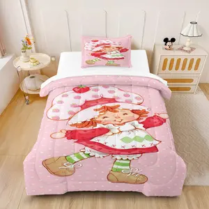 Strawberry Shortcake Character Print Comforter Set (2/3 Piece, 1 Lightweight Comforter + 1/2 Pillowcases), Cute Kawaii Pink Aesthetic Bedding, Soft Cozy Bed Set for Girls & Kids Bedroom