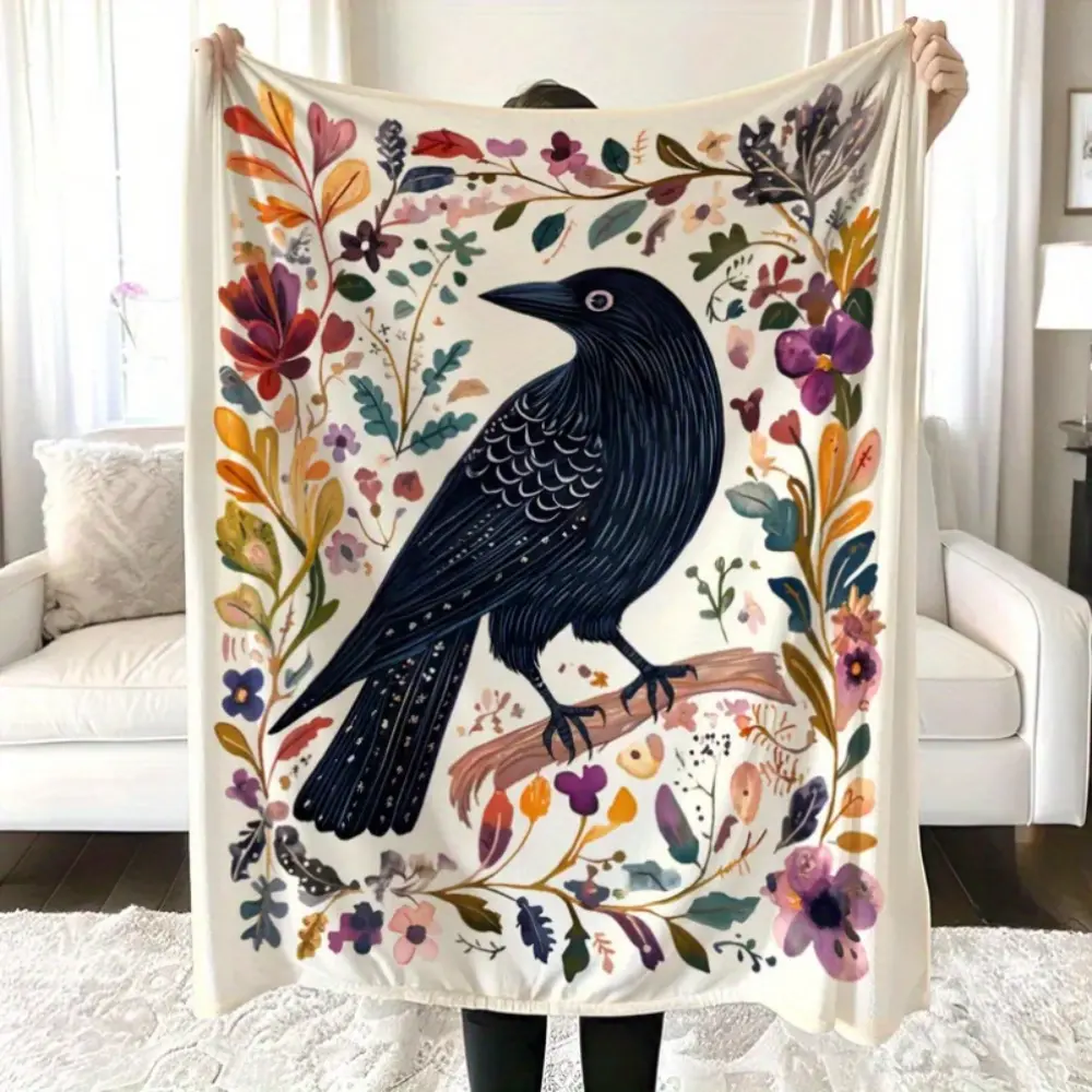 Raven Blanket, Botanical Floral Throw Blanket with Black Crow Design, Cottagecore Aesthetic Fleece Blanket for Couch Sofa Bed Bedroom Decor, Nature Inspired Home Decoration, Dark Academia Gift for Bird Lovers Women Girls