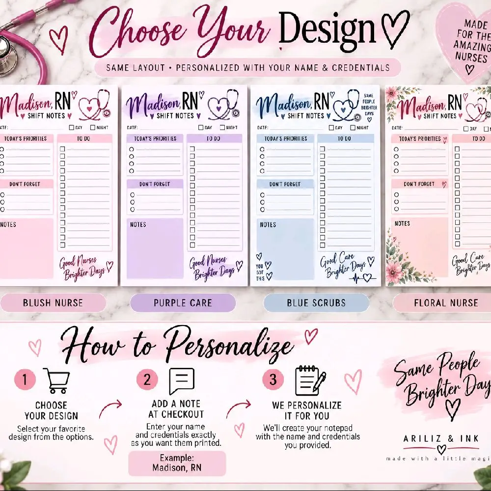 Personalized Nurse Notepad - 5x7 in, 50 Sheets Handcrafted Paper, Ariliz & Ink Organization Tool for Healthcare Pros, Custom Name+Credentials, RN-LPN-CNA Shift Notes