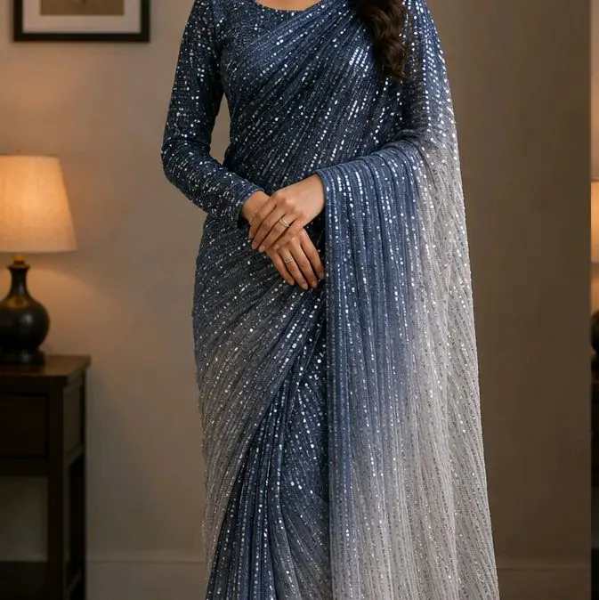 Large Size; Women's Ombre Saree Set, Blue and White Color Option for Traditional Occasions (No Return/No Exchange Due to Hygiene & Customer Safety Requirements)