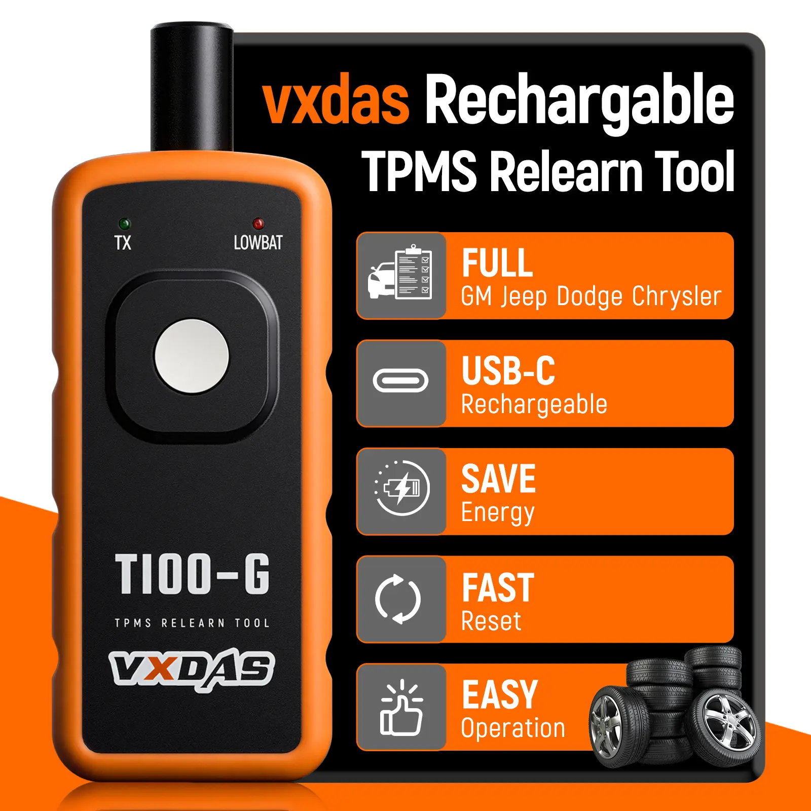 Compact Handheld T100-G TPMS Relearn Tool - USB-C Rechargeable, Built-in Cells, Tool Upgrade for Tire Pressure Sensor Activation on Select GMC, Chevrolet, Cadillac, Buick, Dodge, Jeep & Chrysler Vehicles