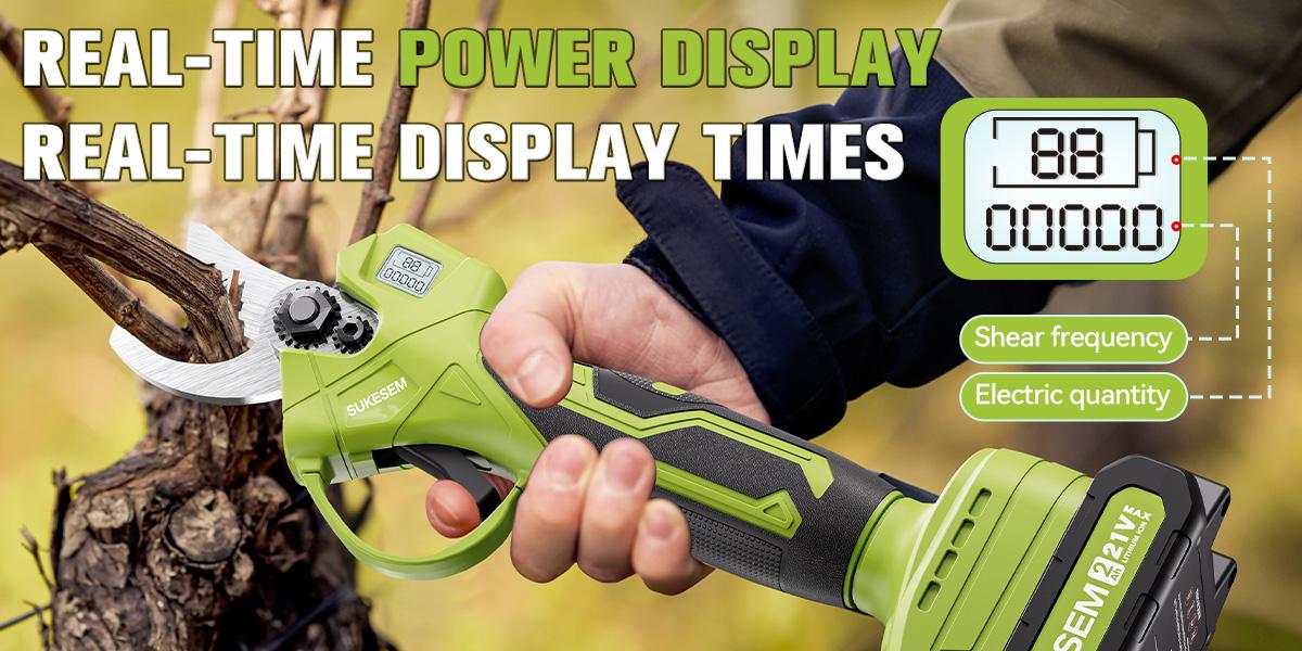 21V cordless electric pruning shears with LCD display, equipped with rechargeable batteries, suitable for pruning trees and shrubs
