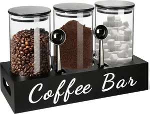 ISUN Coffee  Sugar Container Set, 3 count 50 Fl oz Bean Storage Canister With Airtight Lids, Black Glass  Sugar Holder Containers with Scoop/Shelf/Labels, Canisters Jars for Coffee Bar/Station