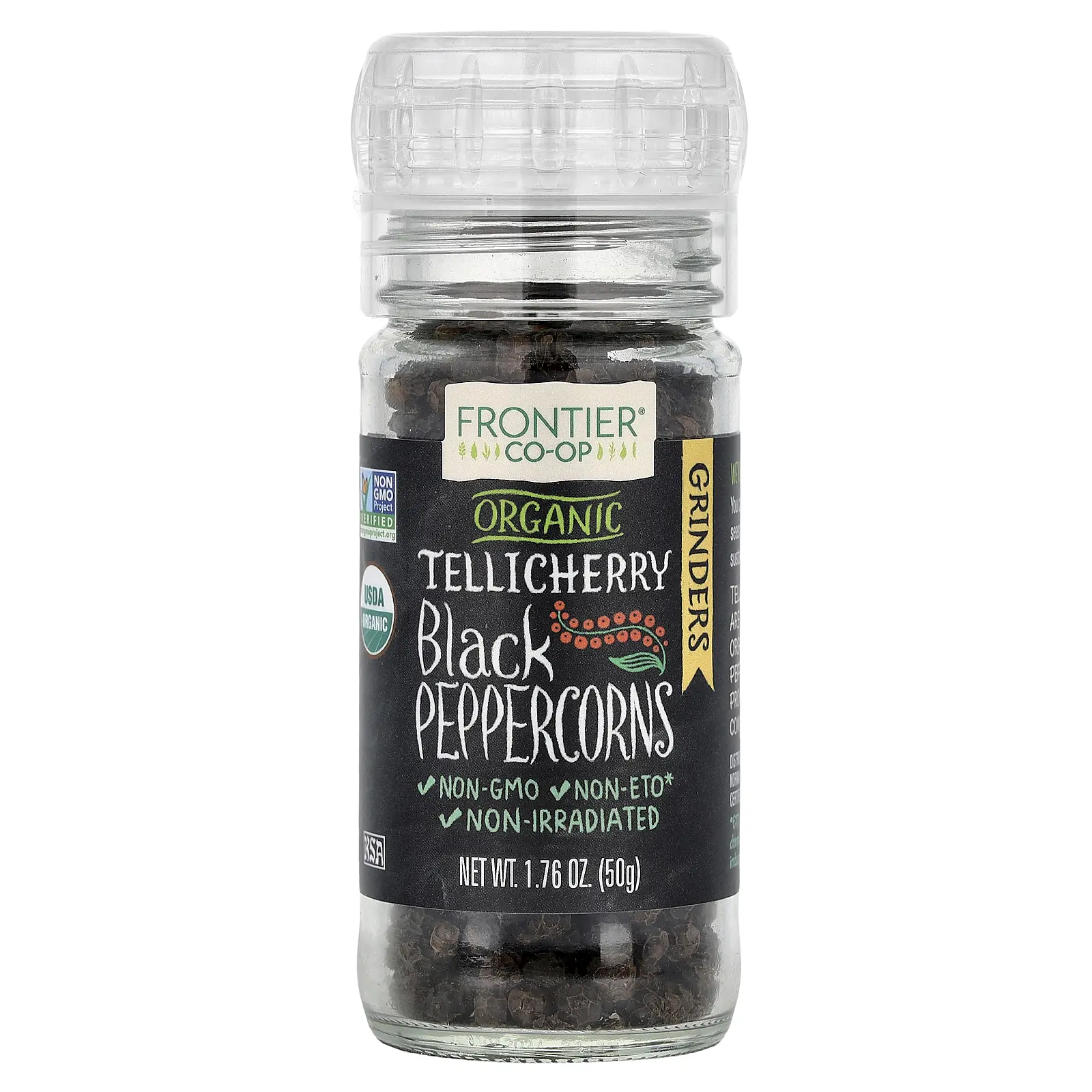 Frontier Co-op Organic Tellicherry Black Peppercorns, 1.76 oz (50 g)