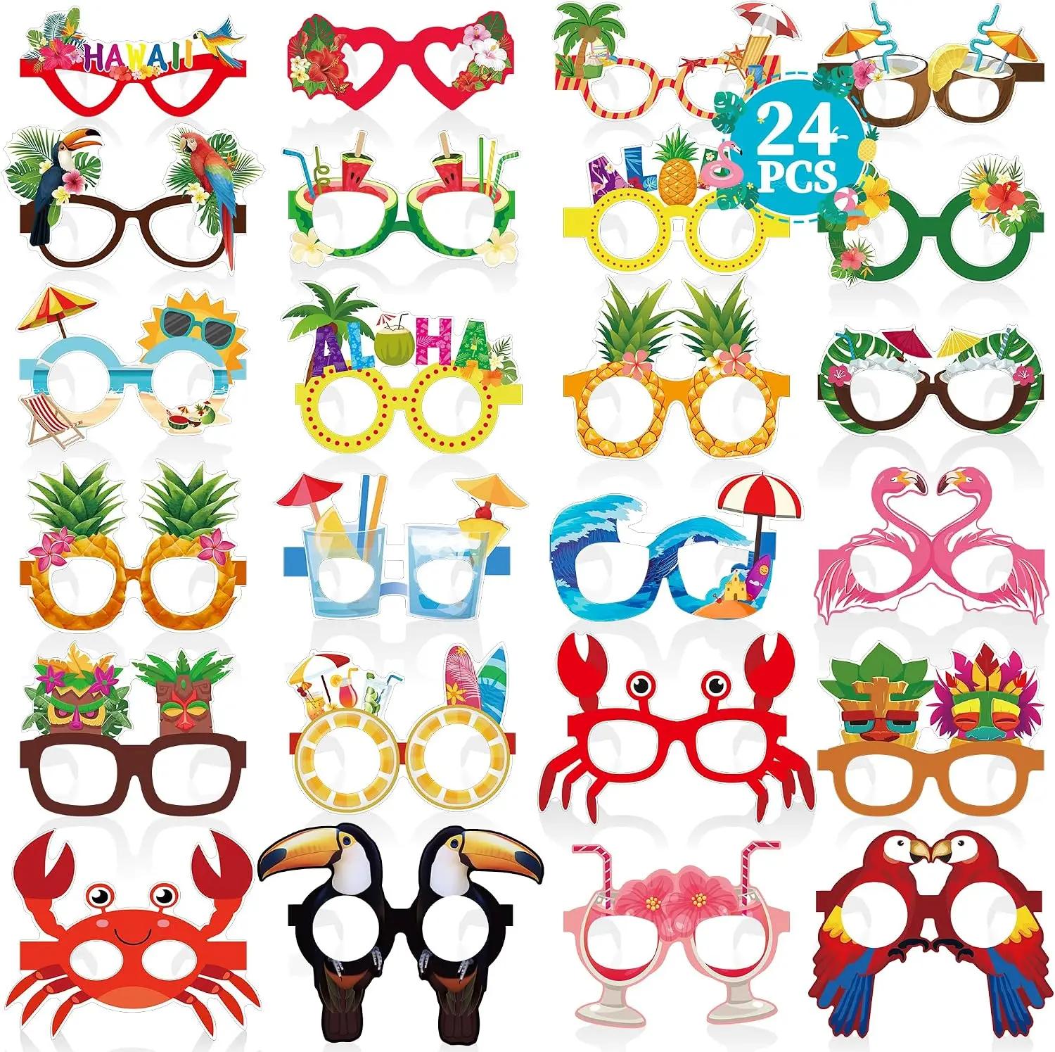 24PCS Lightweight Hawaiian Luau Tropical Pool Cardboard Sunglasses Set Pack - 24 Styles, Bulk Party Favors for Fun, Unisex Colorful Frames, Decor Accessory, Summer Dress Accessory