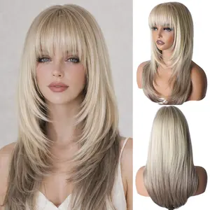 Women's Synthetic Full Machine Wig - Heat-Resistant, Gradient Brown Straight Medium-Length Wig with Bangs, Light Roots & Dark Ends for Everyday & Cosplay Party Use