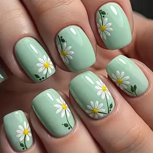 Spring Press on Nails - Short Square Fake Nails Green False Nails Press ons with Flower Design Reusable Nail Tips Kit Glossy Full Cover Stick on Nails for Women Manicure 24Pcs