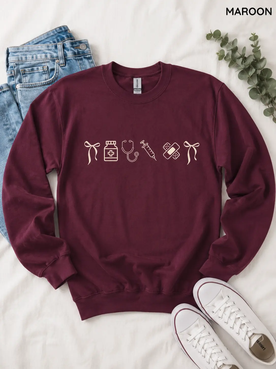 Women's Printed Cotton Round Neck Casual Tops - Minimalist Nurse Icons Gildan Sweatshirt & Tshirt, Cute Medical Crewneck for Hospital Staff, RN Appreciation Gift