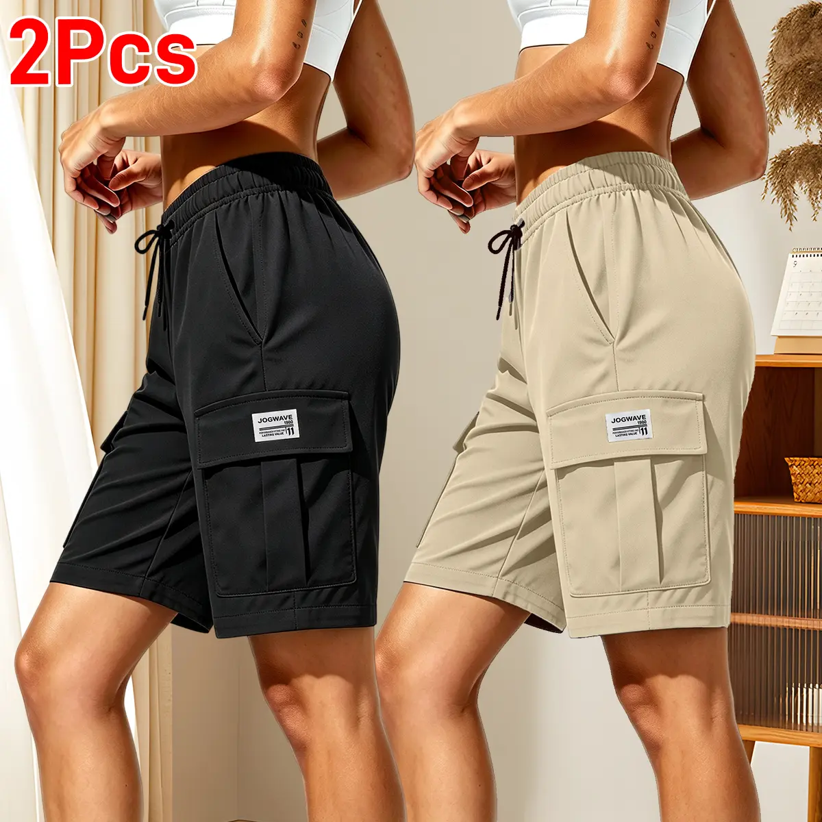Pack of 2 women’s outdoor cargo shorts—breathable, quick-drying, multi-pocket design, solid color, drawstring elastic waistband; suitable for outdoor sports and casual wear; summer shorts, women’s shorts. women cargo short