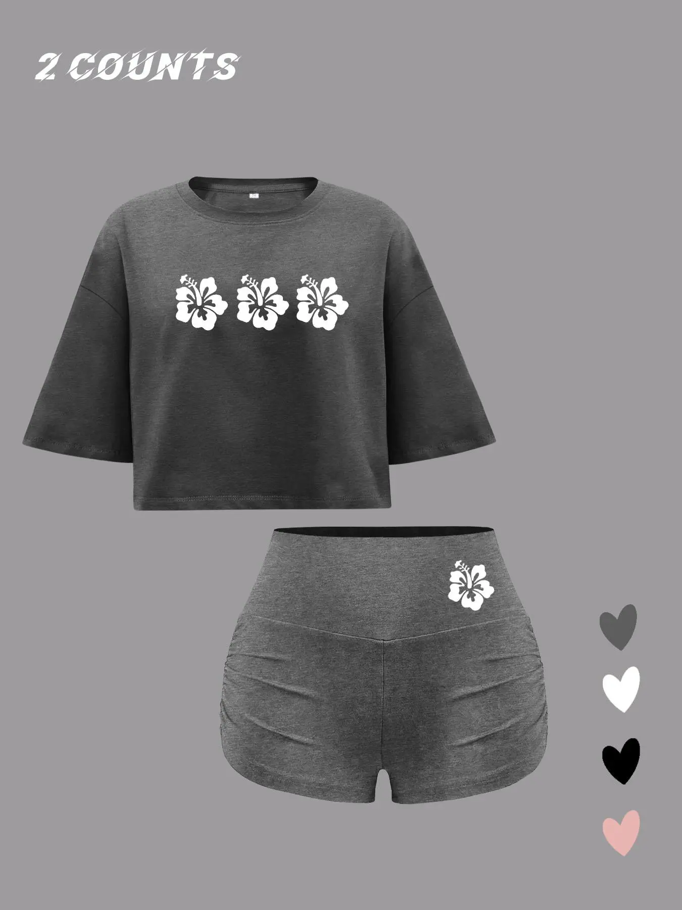 Women's Floral Print Crop Tee & Skinny Shorts Two-Piece Set, Casual Fashion Cozy Round Neck Short Sleeve T-shirt & Shorts for Daily Outdoor Wear, Ladies Summer Clothes, Suits, Matching Clothing Set, Fashion Style Sets