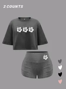 Women's Floral Print Crop Tee & Skinny Shorts Two-Piece Set, Casual Fashion Cozy Round Neck Short Sleeve T-shirt & Shorts for Daily Outdoor Wear, Ladies Summer Clothes, Suits, Matching Clothing Set