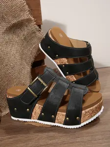 2026 Summer New Outdoor Beach Women's Rivet Soft Boho Style Fashionable Wedge Sandals, Vintage Hollow Out Roman Shoes, Comfortable PU Material, Anti-Slip Rubber Sole