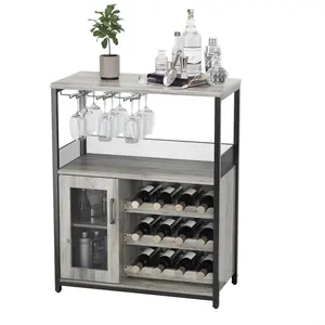 Grey Wine Bar Cabinet - Large Capacity Liquor Cabinet with Storage, Adjustable Shelves for Glassware, Sturdy MDF Construction, Easy Assembly Wine Rack Ideal for Dining Room Bar & Kitchen
