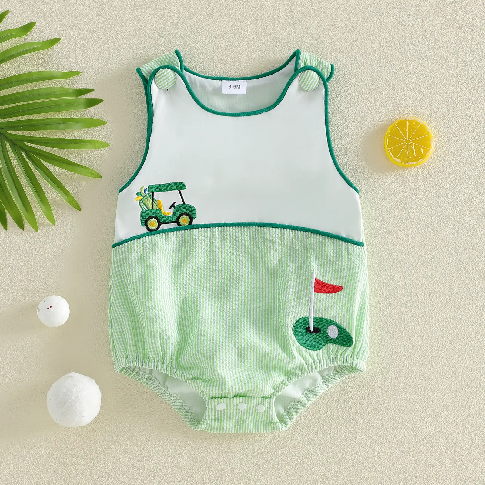 Afunbaby Infant Baby Girl Boy Golf Romper Sleeveless Crew Neck Golf Themed Embroidery Striped Print Jumpsuit Onesie Bodysuit