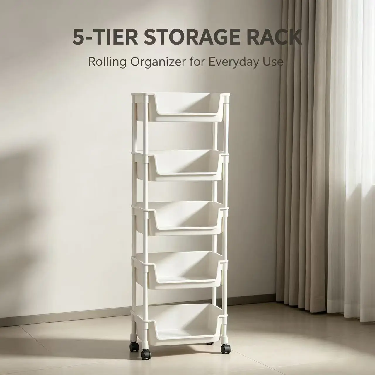 5-Tier Storage Rack Rolling Organizer for Everyday Use with Multiple Shelves and Wheels for Easy Mobility