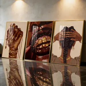 3Pcs Aluminum Alloy Framed Painting, Golden Jewelry And Braided Hair Art Picture, Home Decoration For Living Room, Bedroom, OfficeWall Decor, Odorless Print Artwork, Luxury Perfect Gift For Friends And Family