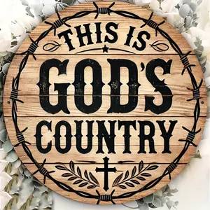 1pc Vintage "This is God's Country" Metal Sign - Heavy-Duty Aluminum Religious Wall Decor with Rustic Wood-like look - 8x8 Inch Outdoor Decoration for Home, Church, Garden, Cafe - Farmhouse, Rural, or Spiritual Gift Idea, Porch Embellishment, Country Styl