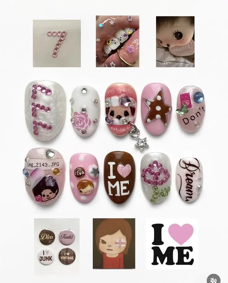 Retro Doll Inspired Press On Nails Handmade Y2K Kawaii Pink Pearl Brown 3D OMonchhichini Charm Rhinestone Reusable False Nails | FREE Adhesive Tabs FREE Nail File FREE Cuticle Stick