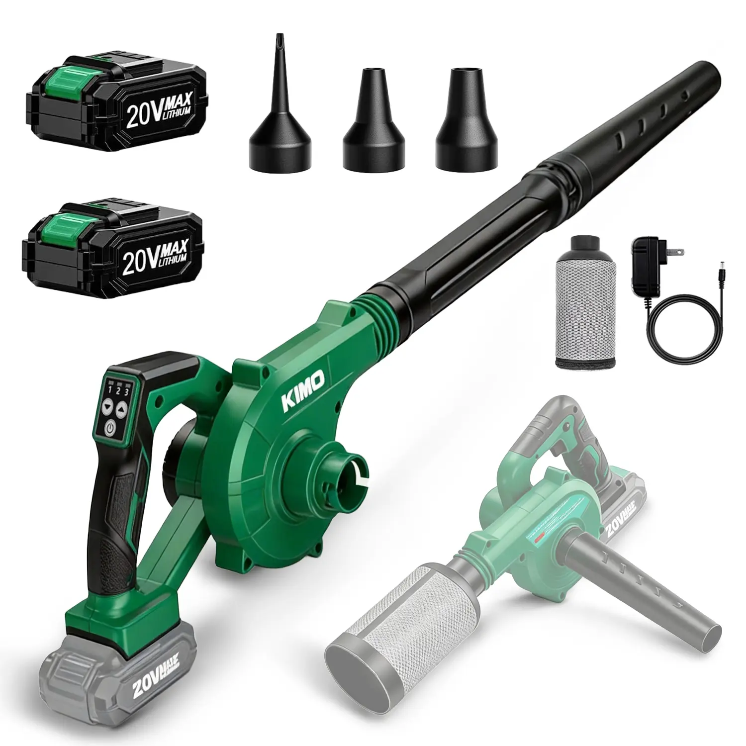 KIMO 20V Turbo 4-in-1 Cordless Leaf Blower, Vacuum & Mulcher | 190 CFM Handheld Power Blower | 2.0Ah Battery & Charger Included | For Lawn, Yard, Leaves, Dust, Pet Hair & Home Cleanup