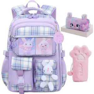 Cute Girls Backpack,  School Backpack with Pencil Case, Elementary School Bag for Girls 5-10 Year Old (Purple-16.5inch)