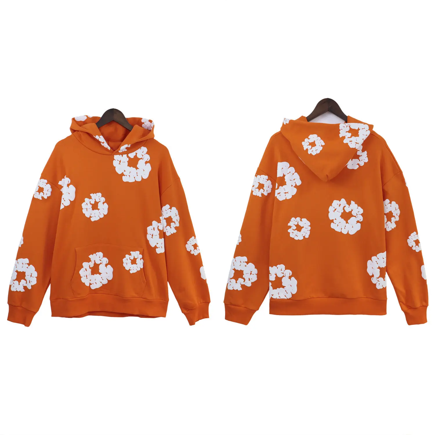 Orange hoodie (white floral wreath)