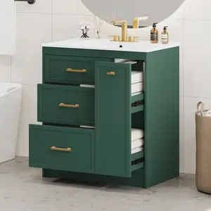 Classic 30" Forest Green Bathroom Vanity Set, Floor Standing, with Three Drawers, One of Which is a Double-Layer Drawer, with Long Gold Handles - Perfect for Small Bathrooms   WL
