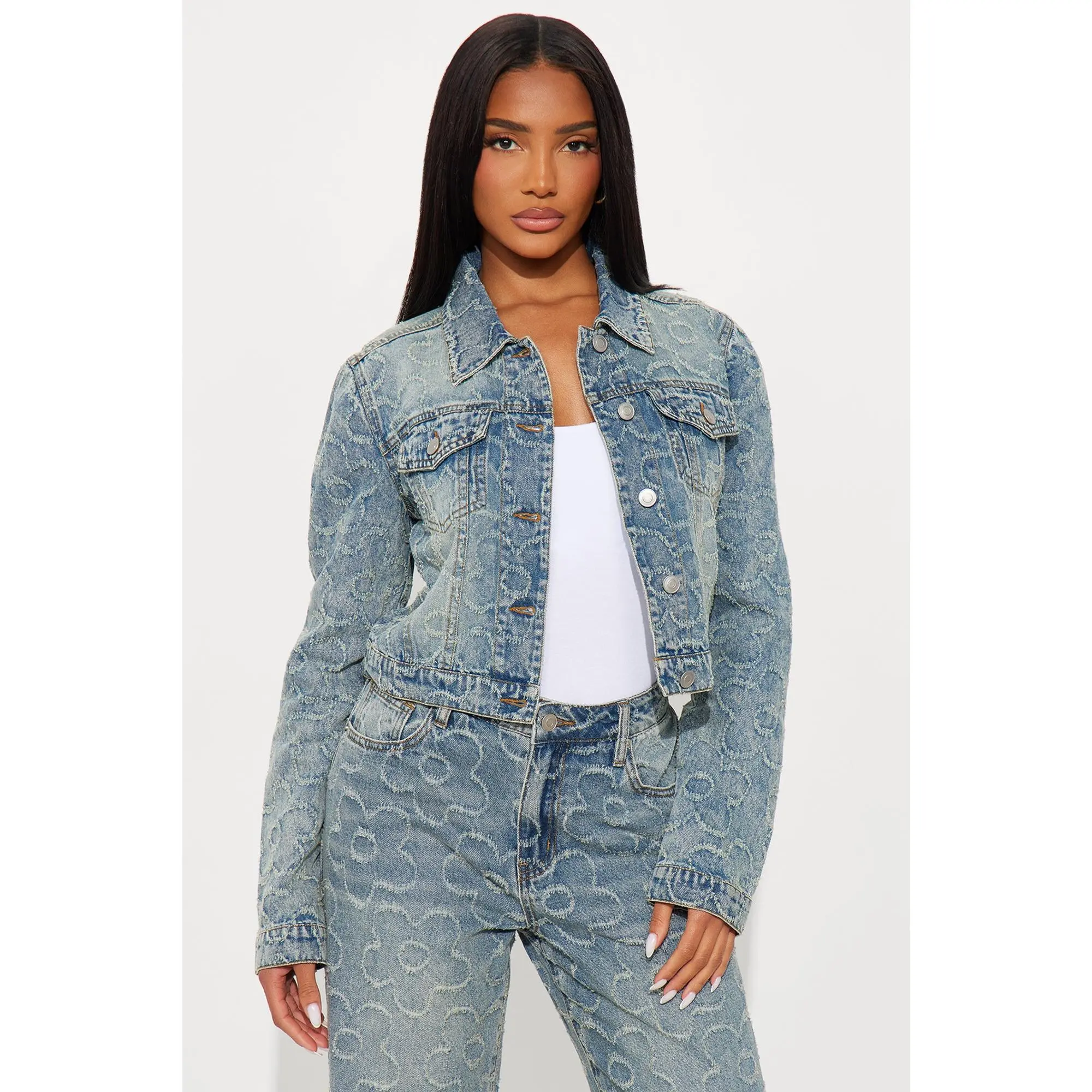 Flower Power Jacquard Denim Jacket - Medium Wash - TikTok Shop