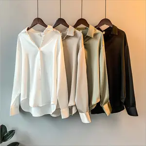 Plus Size Elegant Satin Shirt for Women, Long Sleeve Button Front Office Top, Autumn Fashion Silky Satin Blouse for Work, Business Casual & Daily Street Style