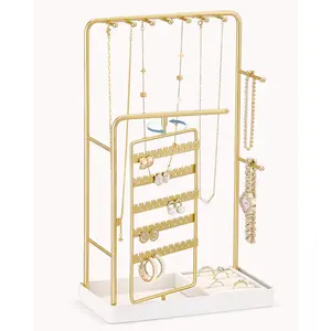 Jewelry Organizer Stand, No Assembly Needed Jewelry Display Storage with Rotating Earring Holder and Velvet Ring Tray for Necklace Bracelet Studs,Aesthetic Gifts for Women Teen Girls -Gold