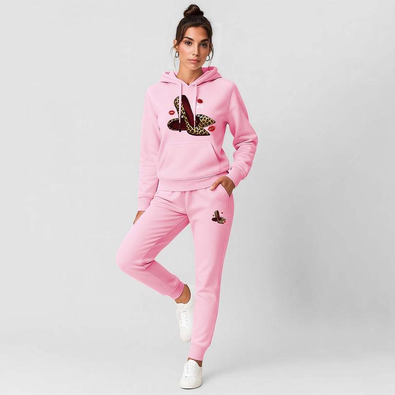 Women's Leopard Print Love High Heels Hoodie And Drawstring Track Pants Set, Casual Sportswear, Long-Sleeved Hooded Jacket And Pants, Suitable For Autumn And Winter, Everyday Wear, Indoor And Outdoor Sportswear, Casual Sportswear. Women's Leopard Print Love High Heels Hoodie And Drawstring Track Pants Set, Casual Sportswear, Long-Sleeved Hooded Jacket And Pants, Suitable For Autumn And Winter, Everyday Wear, Indoor And Outdoor Sportswear, Casual Sportswear.