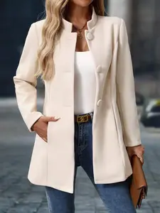 Women's Solid Color Stand Collar Long Sleeve Single Breasted Elegant Overcoat, Autumn/ Fall Cloth For winter coats women