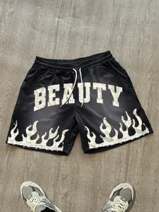 Men's Elastic Waist Casual Shorts, Base with Vintage 'beauty' Print, Y2K Retro Street Style, Breathable, Loose Fit