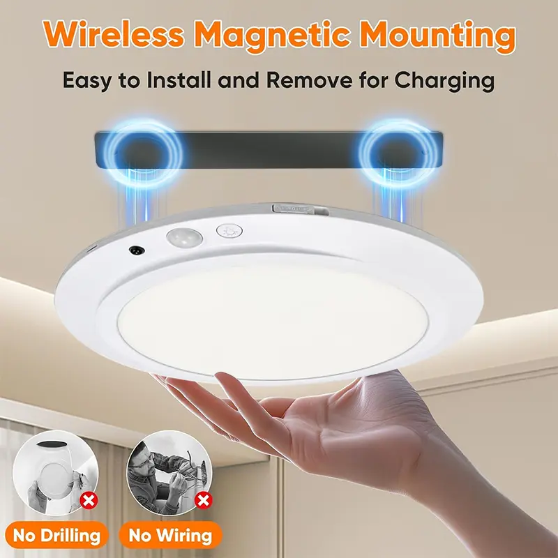 Rechargeable Motion Sensor Magnetic Ceiling Light with Remote | No Wiring, Battery Operated, Dimmable Timing, Stick-On Motion Activated, Indoor Use For Closet Shower Bathroom Hallway