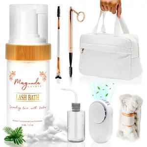 Magunda Lash Cleaning Kit - Premium Lash Shampoo Kit for EyeLash Extensions, Luxury Lash Extension Cleanser (100ml) with Cute Makeup Bag, Eyelash Brush, Lash Spoolies, Lash Fan, & Skincare Headband
