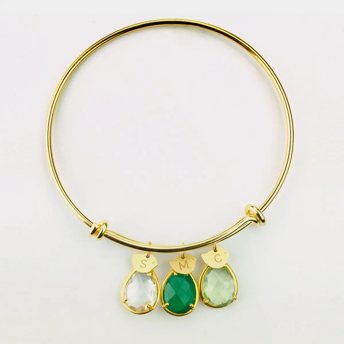 Personalized Birthstone Bangle - Baby Bird Charm Bracelet - Adjustable Gold Bangle