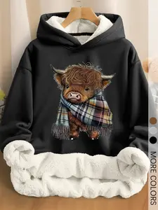 Cozy Fleece-Lined Graphic Hooded Sweatshirt, Long Sleeves, Cute Highland Cow Animal Design, Geometric, Fitted Casual Unisex Womenswear Winter Fashion with Warm Plush Interior for Cold Weather