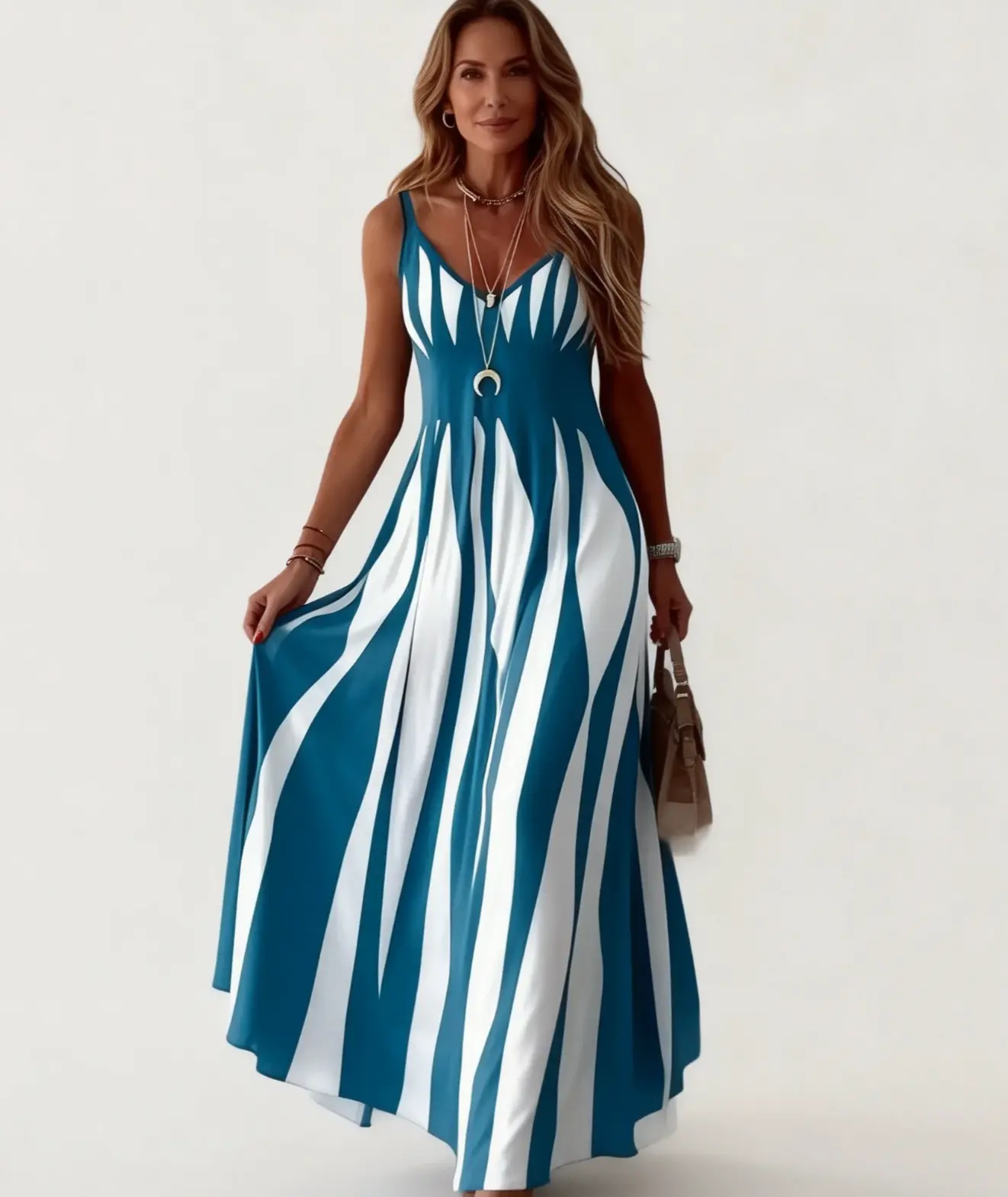 Women's Elegant Satin Teal and White Striped Sleeveless V-Neck Flowy Midi Slip Dress - Casual Summer Outfit for Vacation, Beach