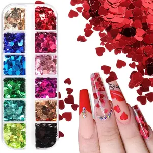 💖12-Color Holographic Glitter Heart Nail Sequins💖 Valentine’s Day Super Sparkly Nail Decor | Nail Accessories | Mixed Size Patches | Decoration for Fingernails & Toenails, Suitable for Home Nail Art or Salon Use