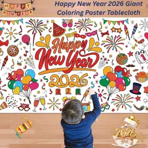 Happy New Year 2026 Giant Coloring Poster Tablecloth – 30×72 Inch Jumbo Kids Craft Banner, NYE Party Decorations & Creative New Year Gift for Kids