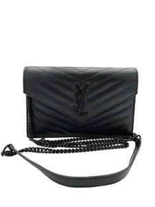 Pre-owned Yves Saint Laurent Grain De Poudre Matelasse Chevron Crossbody Bags MONOGRAM BLACK