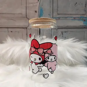 Melody and Amy Glass Cup | 16oz Beer Can Glass with Lid and Glass Straw | Glass Coffee Cup | Glass Tumbler Coffee Cup Drinkware Handmade Bottles
