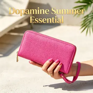 Hot Pink Long Zip Around Wallet, Litchi PU Leather Wristlet Clutch Purse, Women Multi Card Holder Phone Bag for Summer Party Vacation