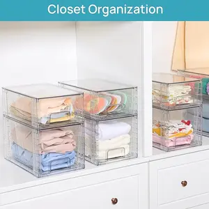 4 Pack Large Stackable Storage Drawers, Assemble Acrylic Bathroom Closet Undersink Organizers,Plastic Storage Bins for Kitchen Cabinets,Pantry,Makeup, Boxes Pet Silicone Insert