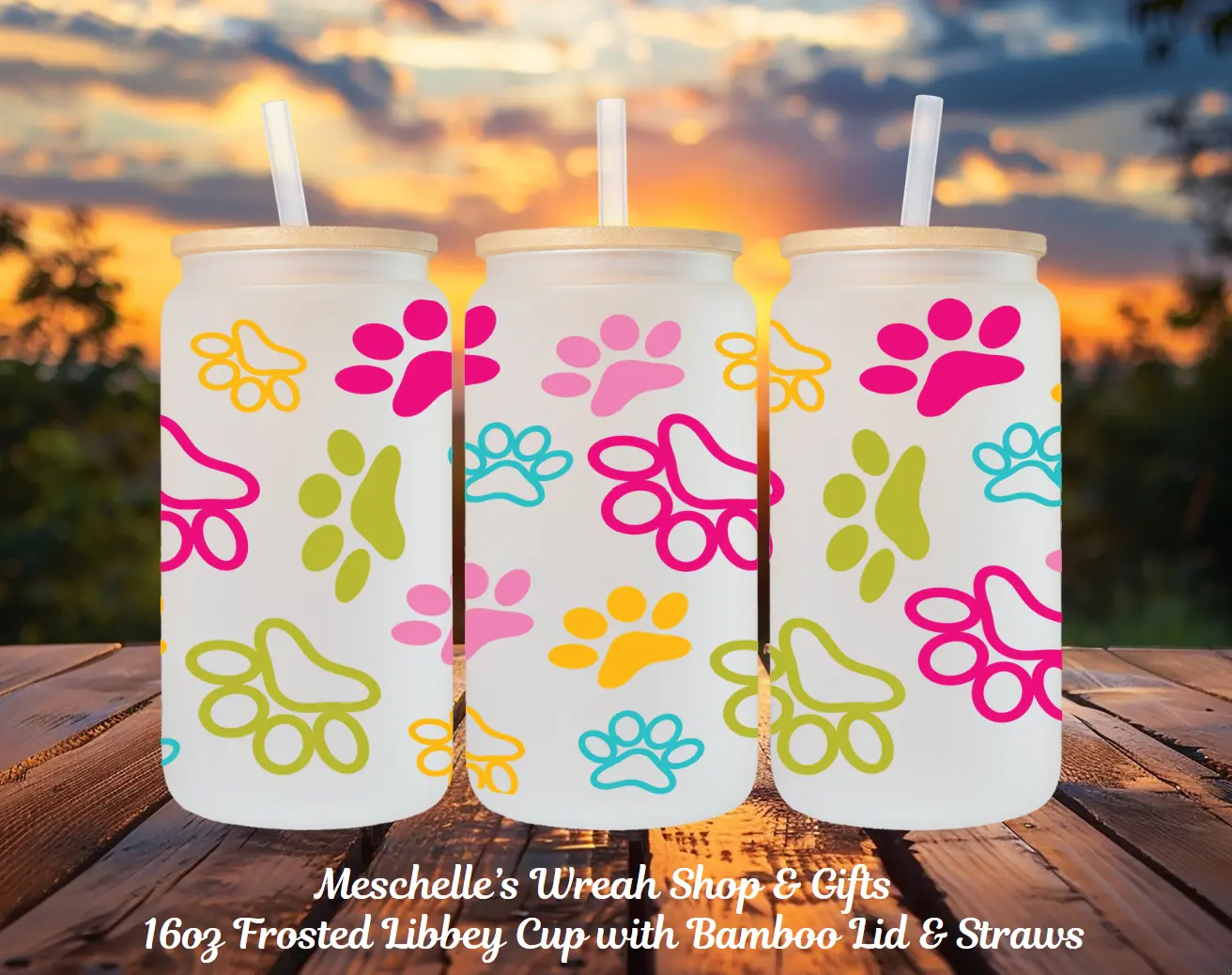 16oz Round Frosted Can-Shaped Glass Cup with Sublimated Paw Print, Bamboo Lid, Straw, BPA-Free, Hand Wash - Personalization Available Portable Reusable Great Gifts Kitchen Drinkware for Beer, Soda