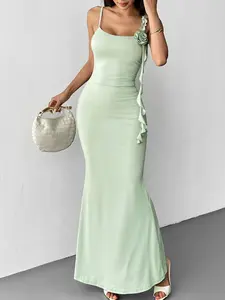 Women's Sleeveless Stretchy Floral Polyester Bodycon Mermaid Maxi Dress - Spaghetti Straps, Lady's Mermaidcore Casual Wear, Minimalist Basic Outfit, Mermaidcore Casual Dresses