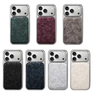 Electroplated large-hole leather crocodile pattern case for iPhone 17 Pro Max, light luxury phone case with genuine leather texture and gemstone luster protective cover Smartphone Cellphone Protector Casing