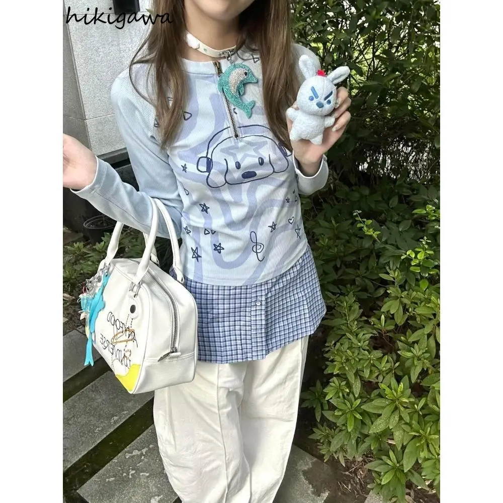 Fake Two Women T-shirts Patchwork Plaid Cartoon Print Camisetas Y2k Tops O-neck Half Zipper Tunic Tees Casual Fashion Tshirt
