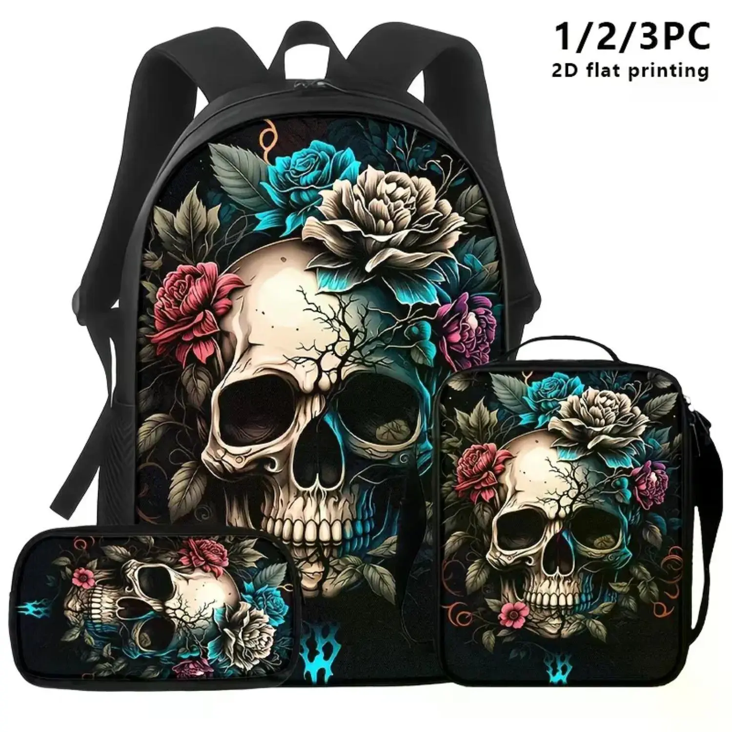 1pc/3pcs Gothic Skull and Floral Backpack, Shoulder Bag, Crossbody Bag & Storage Pouch, Large-Capacity Black Bag with Vibrant Prints for Daily Commute
