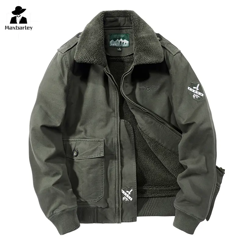 Men's Retro Military Collared Neck Jacket - Thick Wool-Lined Bomber Clothes with Embroidery, Faux Fur Collar, Windproof Polyester, Zipper, Decoration for Outdoor Wear